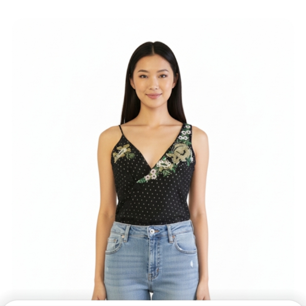 Zara Black Sleeveless Bodysuit with Green Embellishments Sz M
